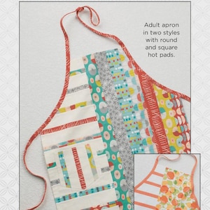 May include: A sewing pattern for adult aprons with round and square hot pads. The apron features a variety of colorful fabric patterns, including stripes, circles, and floral designs. The text "BACON AND BISCUITS" is at the bottom.