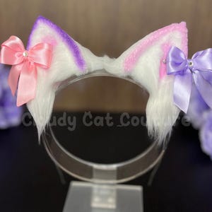 Berry Purrfect Kitten Ears Faux Fur Headband, Crystal Bows, Cosplay Accessory