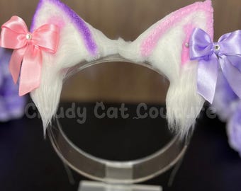 Berry Purrfect Kitten Ears Faux Fur Headband, Crystal Bows, Cosplay Accessory