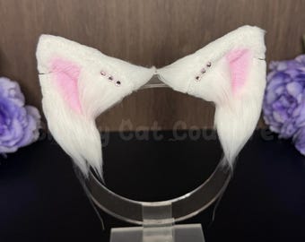 Strawberries & Cream, Pink and White Faux-Fur Kitten Ears Headband Airbrushed Cosplay