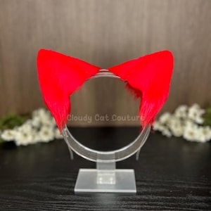 Red Kitten Ears, Handmade Faux-Fur Cat Headband, Unique Cosplay Accessory, Cute and Vibrant Cat Ears, Kawaii Neko