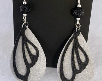 Black Leather Butterfly Wing Earrings, Butterfly Wing Earrings, Black and Silver Earrings, Lightweight Earrings