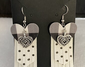 White Fringe Leather Earrings, Heart Earrings, Leather Heart Earrings, Fringe Earrings, Leather Earrings, Earrings