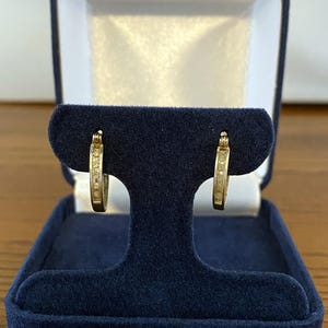 Vintage 10K Yellow Gold Round Channel Set Diamond Hoop Earrings