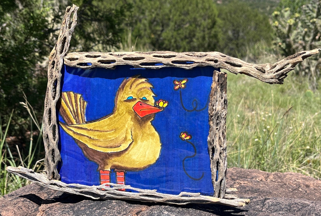 Bird and Butterflies Original Mixed Media Art in Cholla Cactus Frame ...