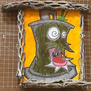 Lata abierta, enmarcada con técnicas mixtas: acuarela, acrílico, marcador, arte de 7 x 5,5 / marco de 9 x 8,5