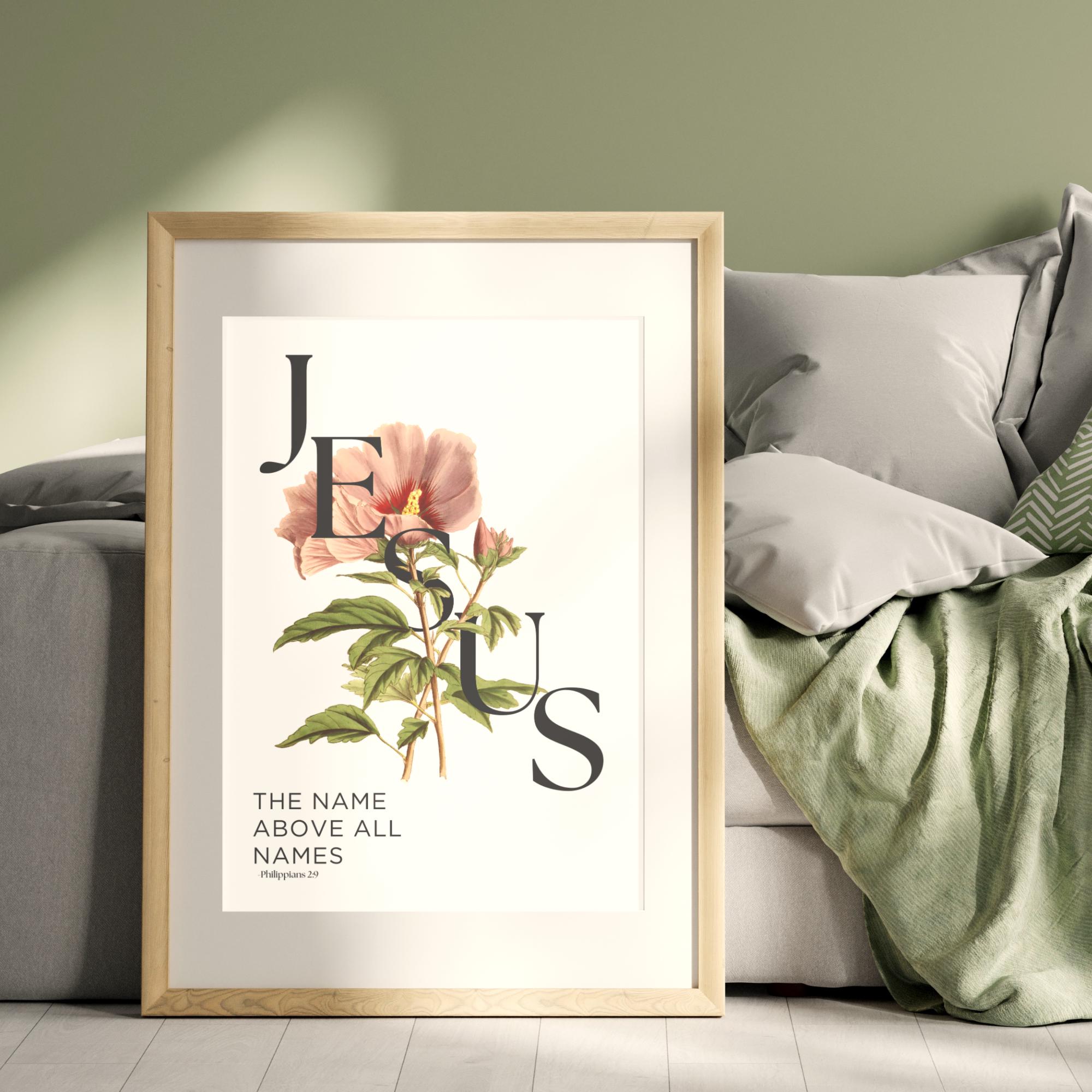 Jesus Wall Art Printable Christian Floral Scripture Decor "The Name Above All Names" Philippians 2:9 Digital Download PNG in Multiple Sizes
