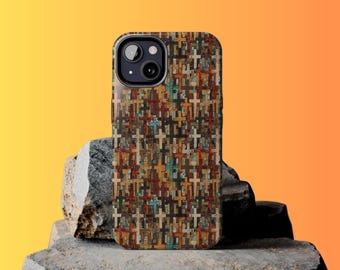 May include: A phone case with a colorful pattern of crosses. The case is made of a hard plastic material and has a raised lip around the camera lens to protect it from scratches.
