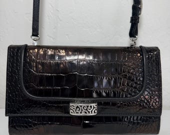 Vintage Brighton Travel The World Black Croc Embossed Leather Crossbody