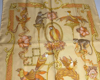 Salvatore Ferragamo Silk Scarf Vintage Birds & Monkeys