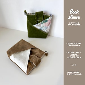 May include: Two book sleeves, one olive green and one brown, are displayed. The green sleeve has a floral interior, while the brown sleeve has a white dotted interior. The text "Book sleeve" and "SEWING PATTERN" are visible.