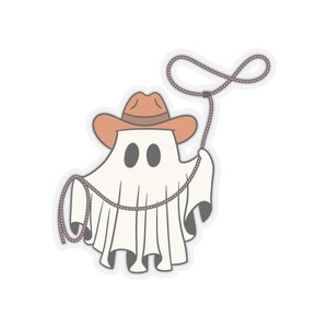 Puede incluir: Un fantasma blanco con un sombrero de vaquero marrón y sosteniendo un lazo. El fantasma tiene dos ojos negros y una expresión amigable.