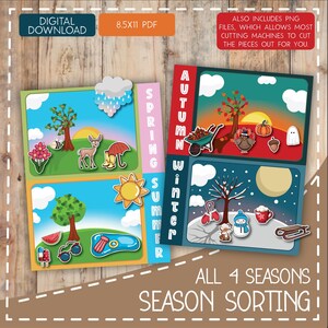May include: A digital download graphic with four seasonal illustrations: spring, summer, autumn, and winter. Each scene contains colourful images of related items such as a deer, sun, and snowman. Text includes "Digital Download," "8.5x11 PDF," and "All 4 Seasons Season Sorting."