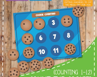 Pode incluir: Um imprimível educativo azul com ilustrações de biscoitos para praticar a contagem. O design inclui os números 3, 6, 7, 8, 10 e 11, juntamente com imagens de biscoitos. O texto diz "Cookie Counting" e "Count the Cookies".