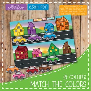 以下が含まれることがあります： さまざまな色の家と車を使ったマッチングゲームが特徴の、カラフルなデジタルダウンロードです。「MATCH THE COLORS」のテキストが目立ち、「DIGITAL DOWNLOAD」と「8.5X11 PDF」とともに表示されています。カッティングマシン用のPNGファイルが含まれています。