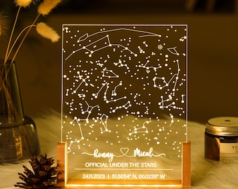 Custom star map by date, Star map night light, Personalized constellation map, Night sky by date, Engagement gift for him and her
