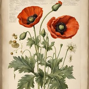 Plantes botaniques : pavot. Téléchargements numériques de cartes, puzzles, papier d'emballage, journaux indésirables, couvertures de livres. Vendez ce que vous fabriquez.