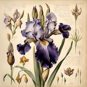 Könnte beinhalten: Eine Vintage-botanische Illustration einer lila und weißen Iris-Blume mit detaillierten Zeichnungen der Blume in verschiedenen Wachstumsstadien. Die Illustration befindet sich auf einem cremefarbenen Hintergrund mit handschriftlichem Text in schwarzer Tinte.