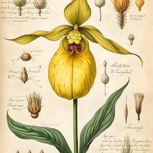 Botanicals: Sapatinho de Senhora Amarelo. Downloads digitais para cartões, quebra-cabeças, papel de embrulho, diários de recortes, capas de livros. Venda o que você produz.