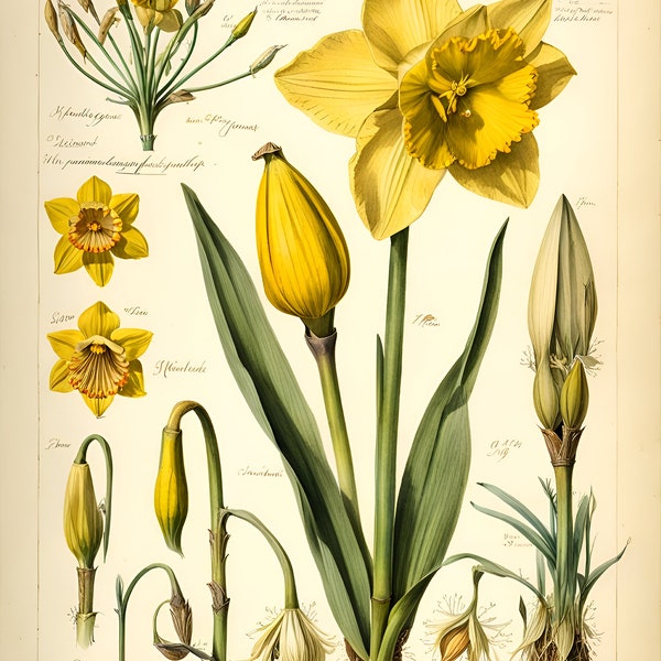 Botanicals: Daffodil. Digital downloads for cards, puzzles, wrapping paper, junk journals, book covers. Sell what you make.