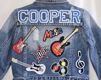 Customized Boys Denim Jacket with Name & Rock Music Patches, Perfect Gift! Now with Sewn on Patches