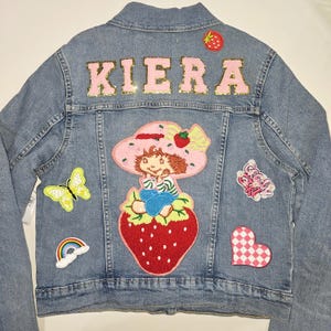 90's Strawberry Girl Shortcake Custom Jean Jacket – Retro-Inspired Kids & Adult Sizes