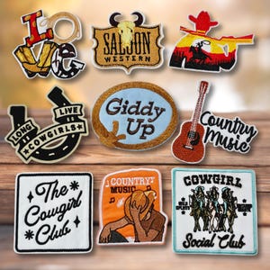 Western Aesthetic Iron-On Patch Set – Guitar, Rodeo, Saloon & Country Girl Designs