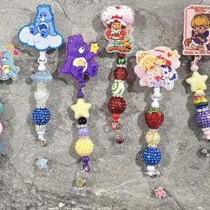 80s - 90s Retro Beaded Badge Reel, Choose From Care Bears, Strawberry Shortcake, Rainbow Brite & My Little Pony, Bead Bars Can Be Customized
