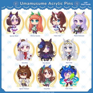 Könnte beinhalten: Ein Set aus neun Umamusume-Acryl-Anstecknadeln mit Chibi-Charakteren wie Special Week, Silence Suzuka, Tokai Teio, Mejiro McQueen, Gold Ship, Rice Shower, Oguri Cap, Agnes Tachyon, King Halo und Twin Turbo, jeweils mit einer Größe von 4,45 cm.