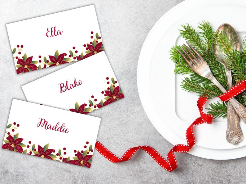 Editable Christmas Place Cards Template Holiday Dinner Poinsettia Place ...