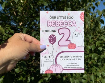Invito per il 2° compleanno di Pink Ghost, Little Boo Halloween (download digitale modificabile) HB13
