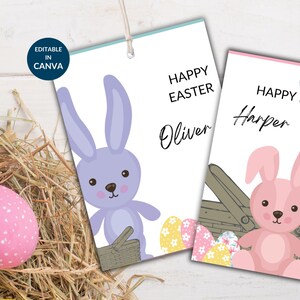 Étiquette modifiable pour panier de Pâques pour enfants, lapin mignon, cartes de visite de Pâques imprimables, étiquettes personnalisées pour panier-cadeau de Pâques en famille, articles de fête TE12