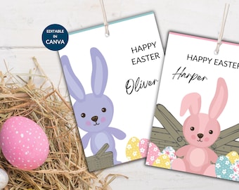 Étiquette de panier de Pâques pour enfants modifiable, cartes de visite de lapin (imprimables) TE12