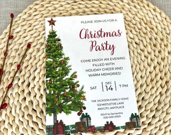 May include: A Christmas party invitation with a festive illustration of a decorated Christmas tree and presents. The invitation reads "Please join us for a Christmas Party. Come enjoy an evening filled with holiday cheer and warm memories! Sat 14 | 7 PM. The Jackson Family Home 123 Mistletoe Lane Anycity, Anyplace. RSVP to Samantha 000-000-0000"