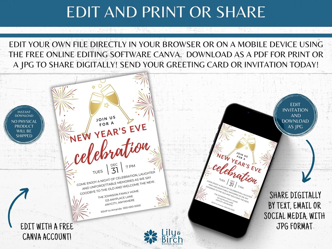 Editable New Years Eve Party Invitation Template NYE Party Invite ...