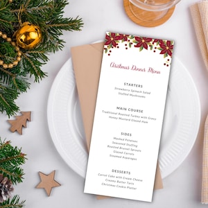 Edytowalny szablon menu kolacji wigilijnej Poinsettia Holiday Wydrukowane menu świąteczne, Edytowalne menu kolacji świątecznej na spotkanie TC03