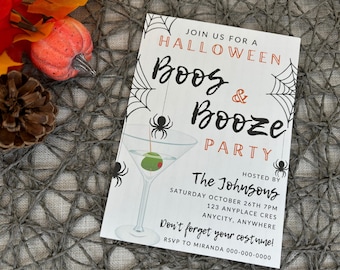 Plantilla editable de invitación para fiesta de Halloween "Boos and Booze" / Fiesta de cócteles espeluznantes para adultos, imprimible y descarga instantánea H19