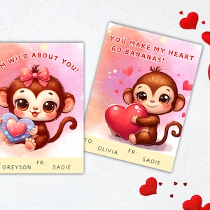 Bearbeitbare Affen Valentinstag Klassenkarten Druckbare Kinder Austauschkarten, süße Affe Valentinstag Kartenvorlage für Kinder Valentinstag Party TV02