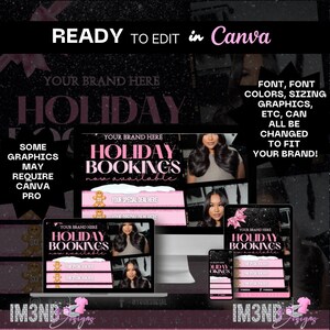 Op de afbeelding: Een digitaal marketing sjabloon in zwart en roze met de tekst "READY TO EDIT in Canva", "HOLIDAY BOOKINGS now available" en "YOUR BRAND HERE". Het ontwerp wordt getoond op een laptop, tablet en telefoon.