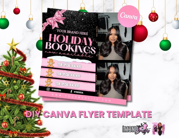 December Booking Flyer: Pink Winter Hair/Lash Template (Canva Editable, Digital Download)