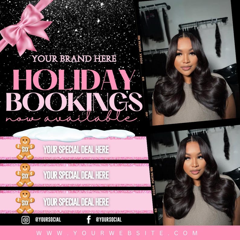 Op de afbeelding: Een promotionele afbeelding met een zwarte achtergrond en roze accenten. De tekst luidt "YOUR BRAND HERE" en "HOLIDAY BOOKINGS now available." Roze peperkoekmannetjes en tekstvakken met "YOUR SPECIAL DEAL HERE" zijn te zien. Twee vrouwen met lang, golvend haar zijn ook afgebeeld.