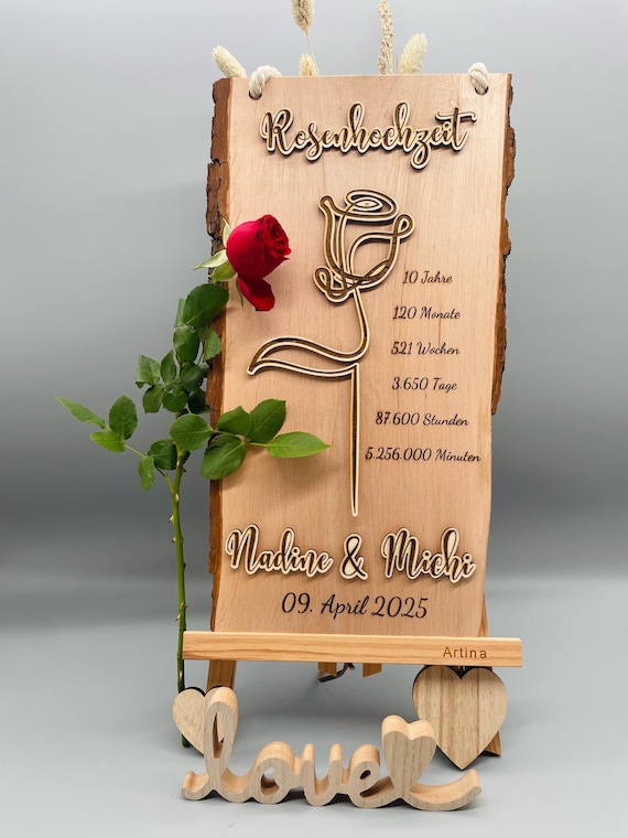 Einzigartiges Geschenk Rosenhochzeit | 10 Jahre verheiratet | personalisiertes Geschenk 10 Jahre Ehe | Hochzeitstag | 10 Jahre Ehe