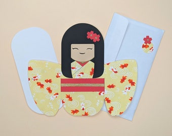 Handmade kokeshi doll card YELLOW