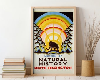 Vintage Museum Poster Art, Bright Abstract Woolly Mammoth, Upscaled Natural History Print, South Kensington Exhibit, Retro Educational Decor
