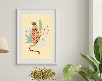 Jungle Cheetah Art Print, Bright Bold Abstract Animal Illustration, Tropical Safari Wall Decor, Exotic Wildlife Poster, Modern Vibrant Art