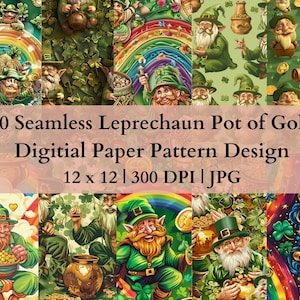 Puede incluir: Diez patrones de papel digital sin costuras con un duende sosteniendo una olla de oro, tréboles y arcoíris. Los patrones son sin costuras y se pueden usar para scrapbooking, creación de tarjetas y otras manualidades.