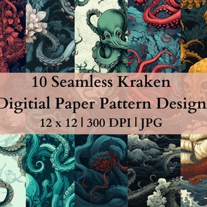 May include: A set of 10 digital paper patterns featuring colorful kraken illustrations. Each pattern is 12 inches by 12 inches and 300 DPI. The patterns are perfect for scrapbooking, card making, and other craft projects.