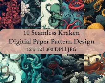 10 Seamless Kraken Digital Transfer Paper, Adjustable Repeating Print Pattern, Graphic Vector Design Wallpaper High Res Art Texture Template