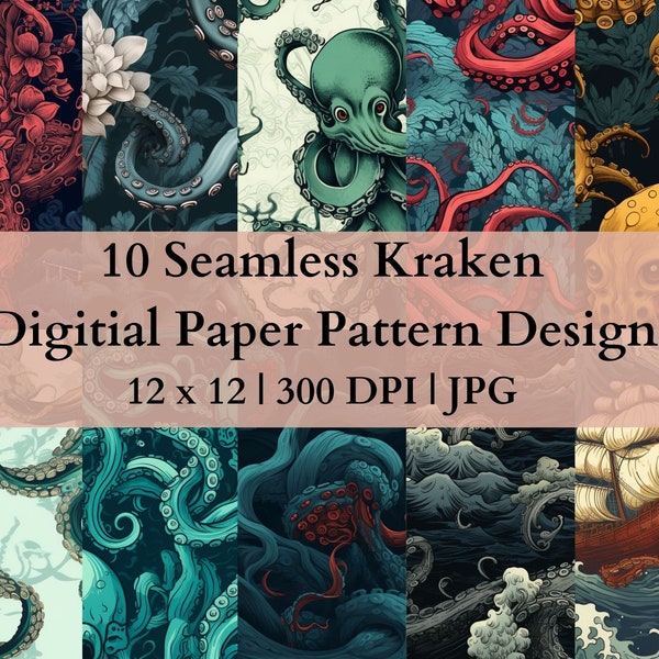 10 Seamless Kraken Digital Transfer Paper, Adjustable Repeating Print Pattern, Graphic Vector Design Wallpaper High Res Art Texture Template