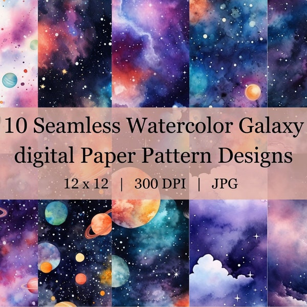 10 Seamless Watercolor Galaxy Digital Transfer Paper Adjustable Repeating Print Pattern, Graphic Vector Design High Res Art Texture Template